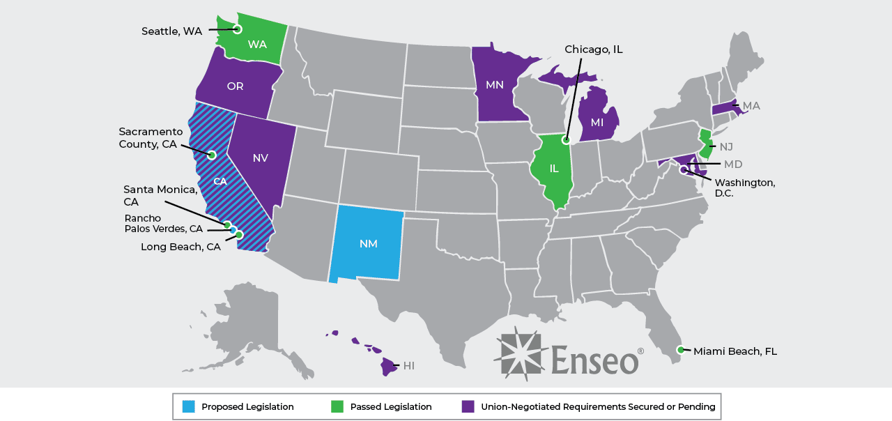 Map showing the safety legislation status of several states in the U.S.