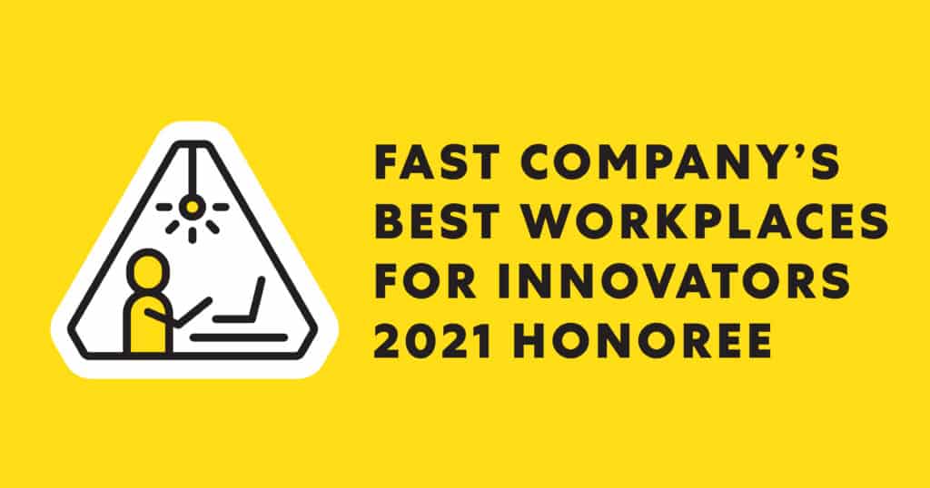 This image features a bright yellow background with a black and white badge. Text indicates an award for innovation in the workplace by Fast Company.