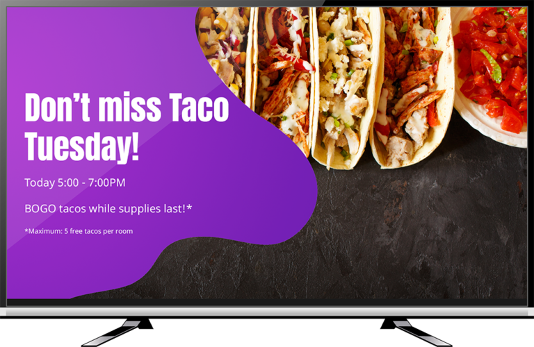 This image is an advertisement for Taco Tuesday, offering a buy-one-get-one (BOGO) taco deal between 5:00 and 7:00 PM with a five-taco maximum per room.