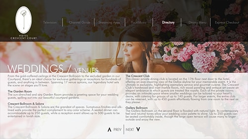 Example screenshot of a hotel directory page. The content of the page displays text overlayed on a wedding image.