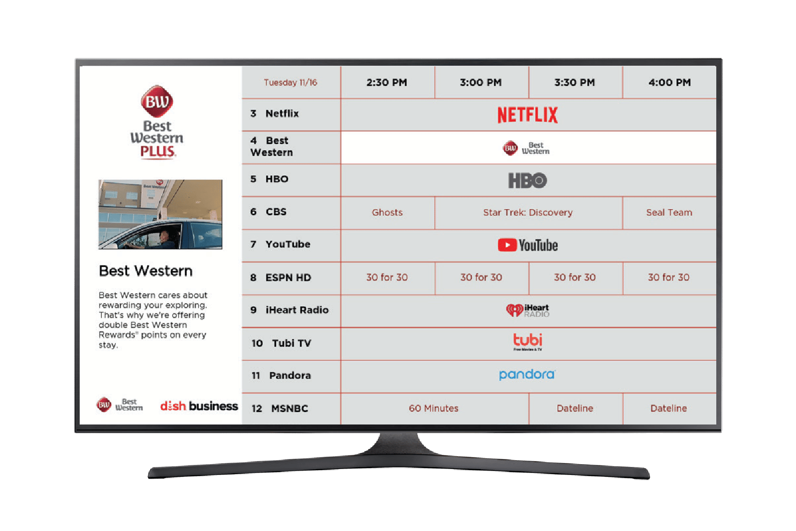 Enseo's Interactive Program Guide provides details of current TV programming, by Dish Business, and shortcuts to view the content as well as streaming apps.