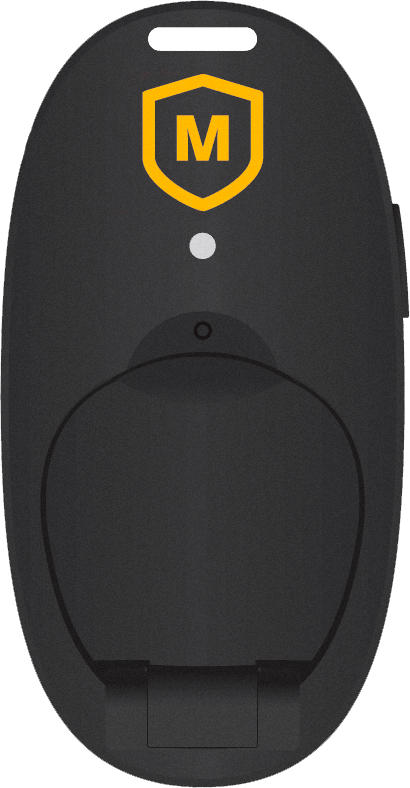 Render of a MadeSafe Personal Location Device. A black oblong object shaped similar to a key fob. Stamped with the MadeSafe logo.
