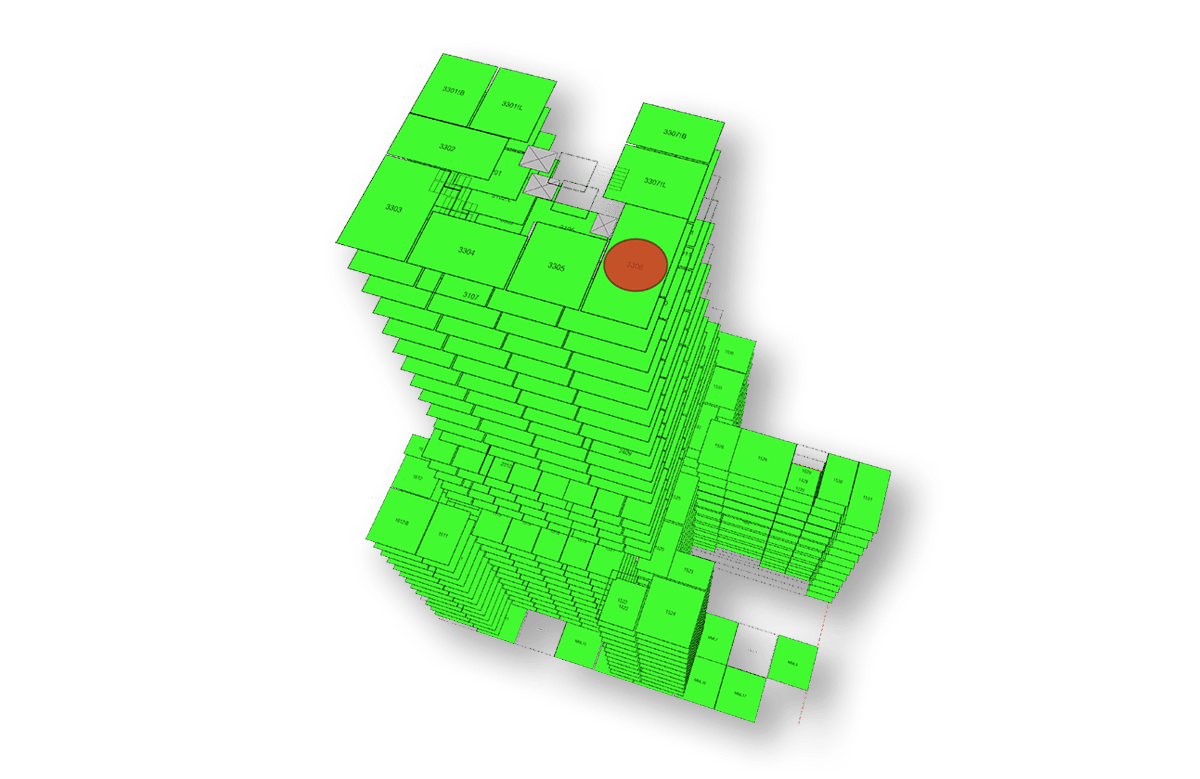 A 3-dimensional map representing a skyscraper hotel. On the top floor, one room has a red dot, indicating an active MadeSafe alert.
