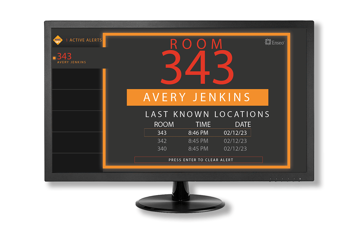 A computer screen displaying information during an active MadeSafe alert. It says: "Room 343. Avery Jenkins. Last Known Locations." There is a table underneath that shows 3 locations in the past two minutes, and that Avery Jenkins has moved from room 340 to room 343.