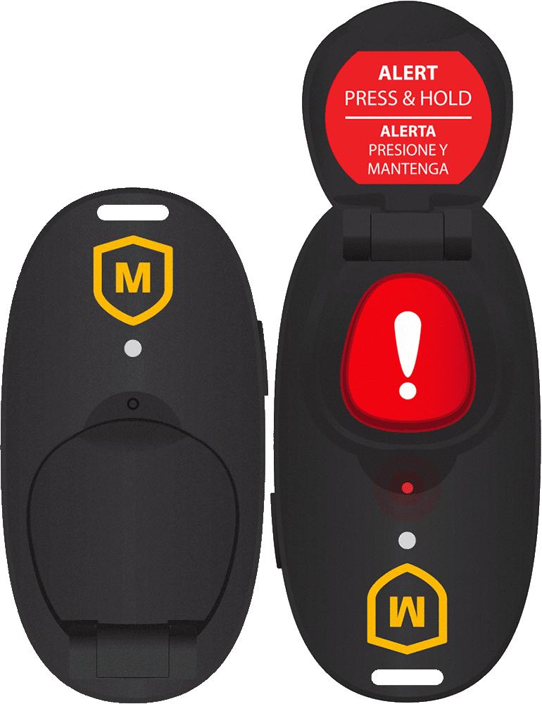 MadeSafe Personal Location Devices (PLDs) displayed both shut and open. When shut, it resembles a key fob. When opened, a red button with an exclamation mark is accessible. Instructions on the cover say "ALERT. PRESS & HOLD." The employee safety device displays a small red light to indicate active alert.