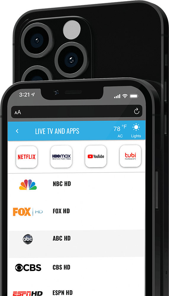 Closeup view of enseoCONNECT app. It shows selectable streaming apps, including Netflix, Youtube, and HBO Max, along with HD TV channels including NBC, Fox, ABC, Fox, and ESPN.
