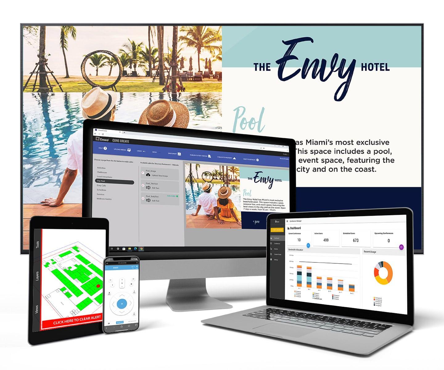 A collage showcasing various digital devices displaying content related to "The Envy Hotel", including a webpage, analytics dashboard, and a floor plan alert system.