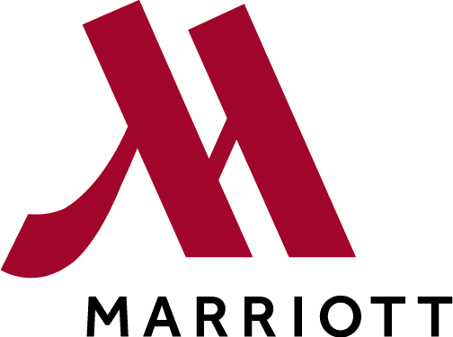 The image shows the logo of Marriott, featuring bold red capitalized letters "M" styled to form an 'M' shape, above the word "MARRIOTT" in grey on a green background.