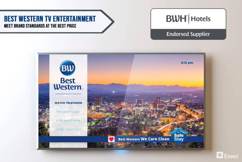 An advertisement for Best Western TV Entertainment featuring a cityscape at dusk on a digital display, promoting hotel amenities and endorsed by BWH Hotels.