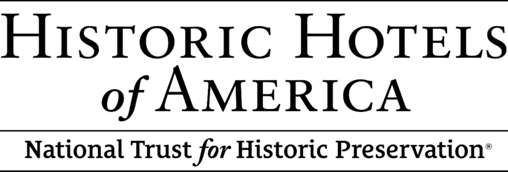 The image displays the logo for "Historic Hotels of America" under the "National Trust for Historic Preservation," rendered in a classic serif font on a plain background.