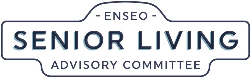 A logo with the words “Enseo Senior Living Advisory Committee.” The committee meets regularly to provide feedback for the future of technology in senior living communities to meet the needs of senior citizens.