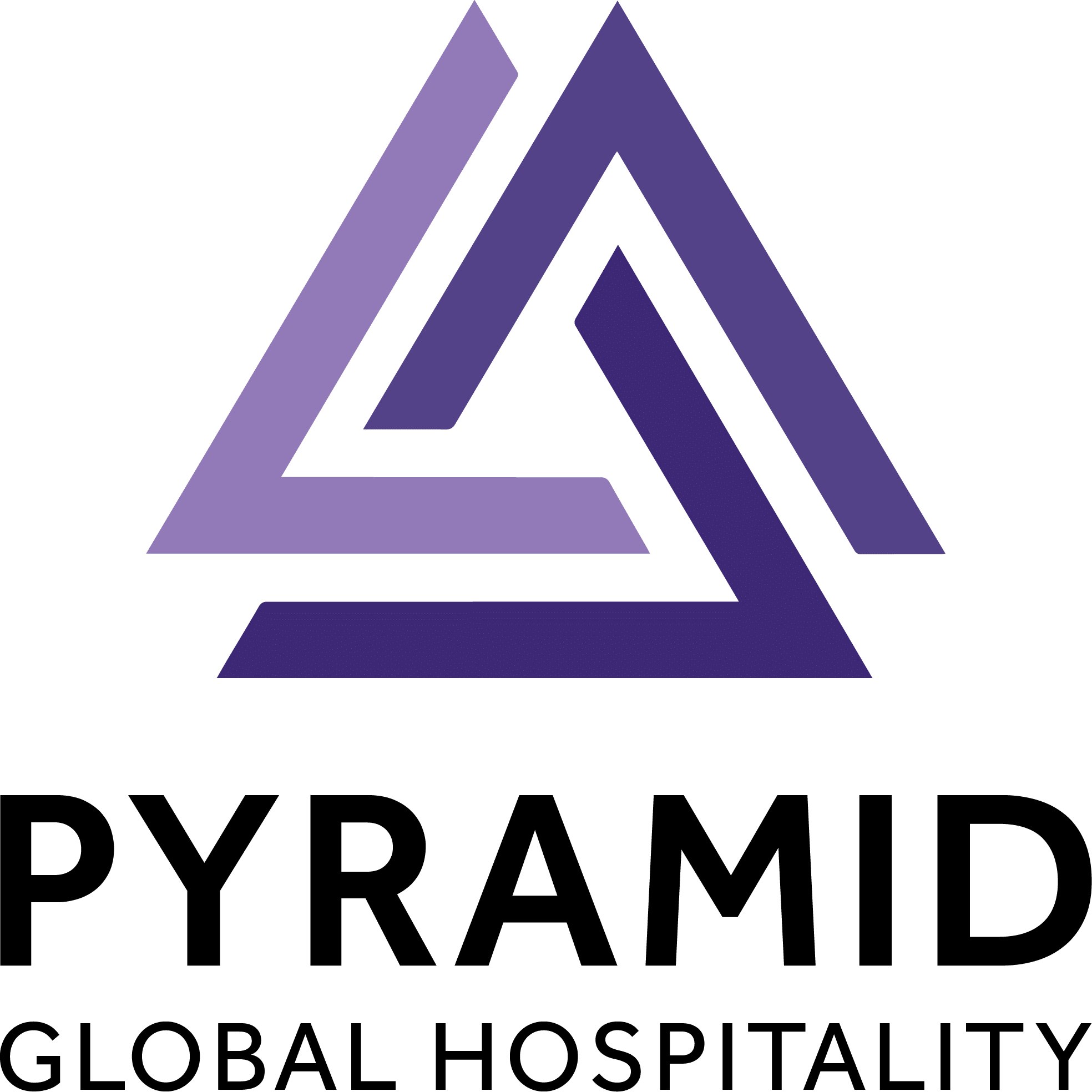 The image displays a logo featuring geometric shapes that form a stylized pyramid above the words "PYRAMID GLOBAL HOSPITALITY" in uppercase font, set against a solid background.