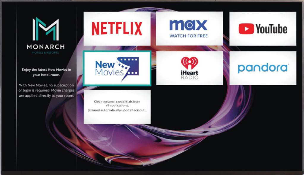 The Enseo Streaming Apps page, which includes Netflix, YouTube, and Enseo VOD New Movies.