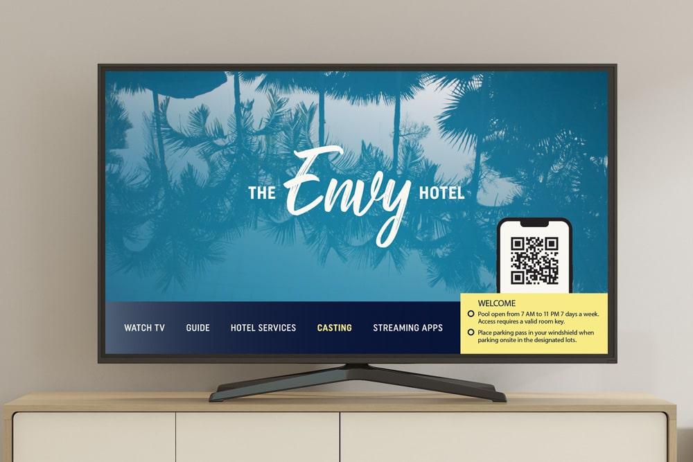 Hotel Envy welcome screen on a hotel TV