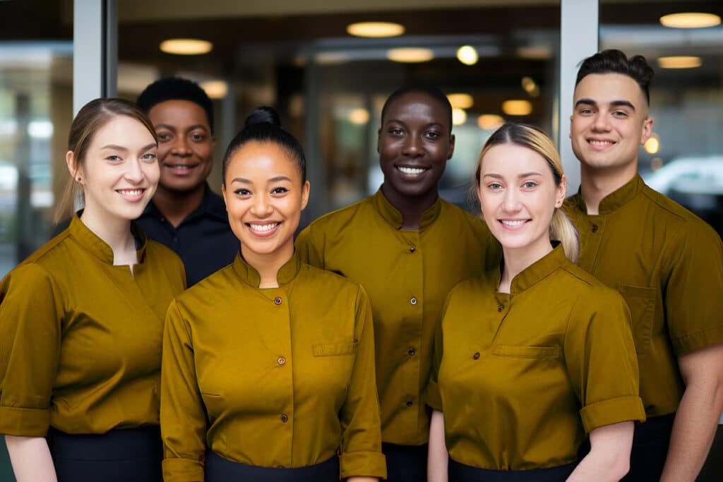diverse group of hotel workers wearing hotel uniform