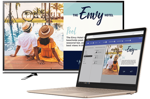 The image shows a composite of a laptop displaying a hotel website and a picture of two people sitting poolside, with the branding "The Envy Hotel."