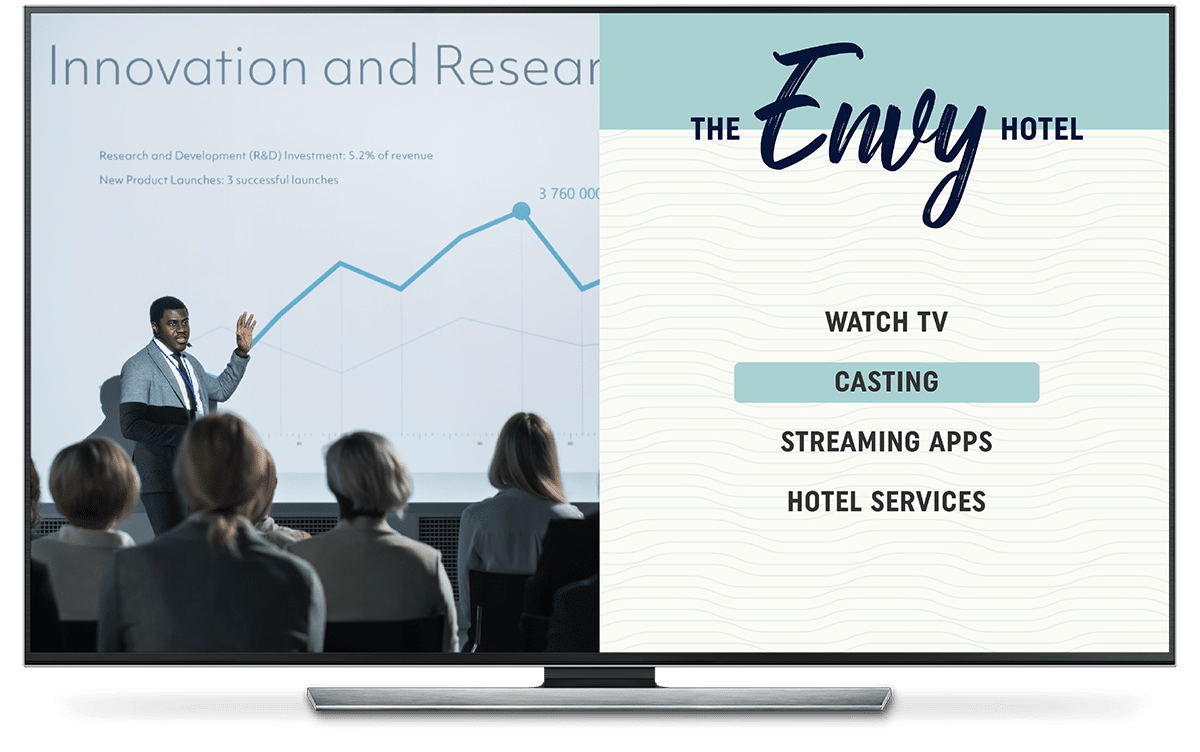 A corporate event on The Envy Hotel's TV screen. Demonstrating TV Screen Customization by Group Code