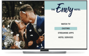 A wedding event on The Envy Hotel's TV screen. Demonstrating TV Screen Customization by Group Code