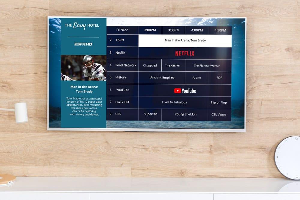 Hotel TV showing an Enseo interactive program guide