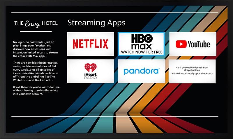 The Enseo streaming apps screen on a TV