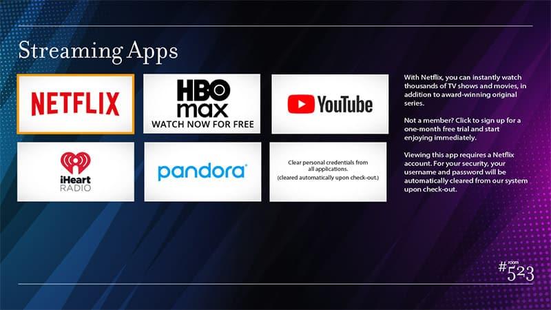 The image displays logos of popular streaming apps like Netflix, HBO Max, YouTube, and others with instructional text.
